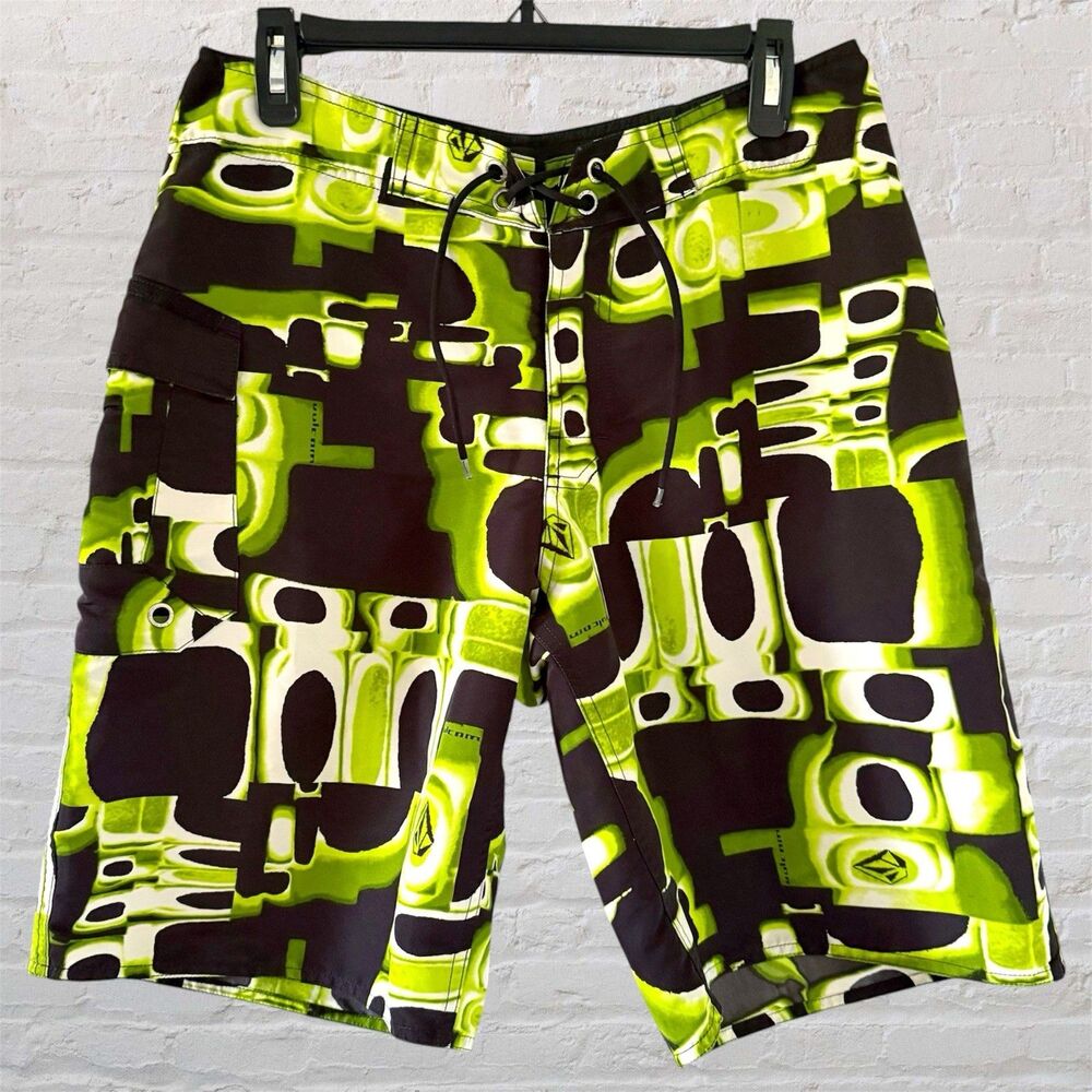Y2K Volcom Mod Tech Men's Board Shorts Size 32 Cyber Techno Abstract Drawstring